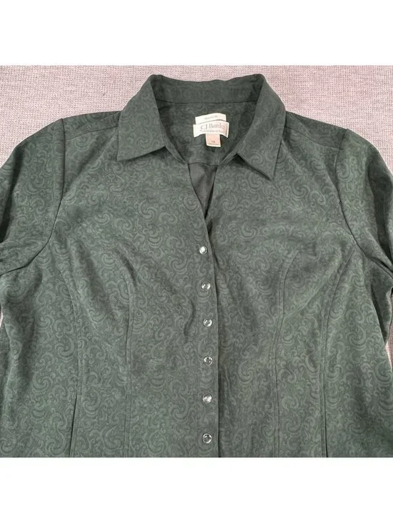 CJ Banks Pearl Snap Blouse Womens Size 1X Stretch Paisley Green Long Sleeve - Picture 5 of 13